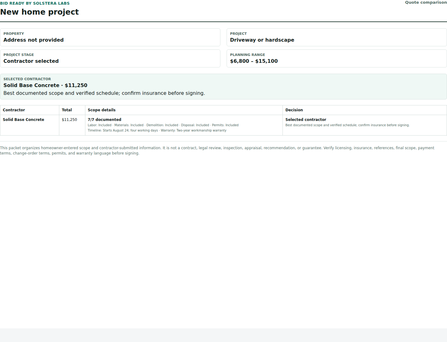 Current Bid Ready printable quote-comparison decision record with a selected synthetic contractor