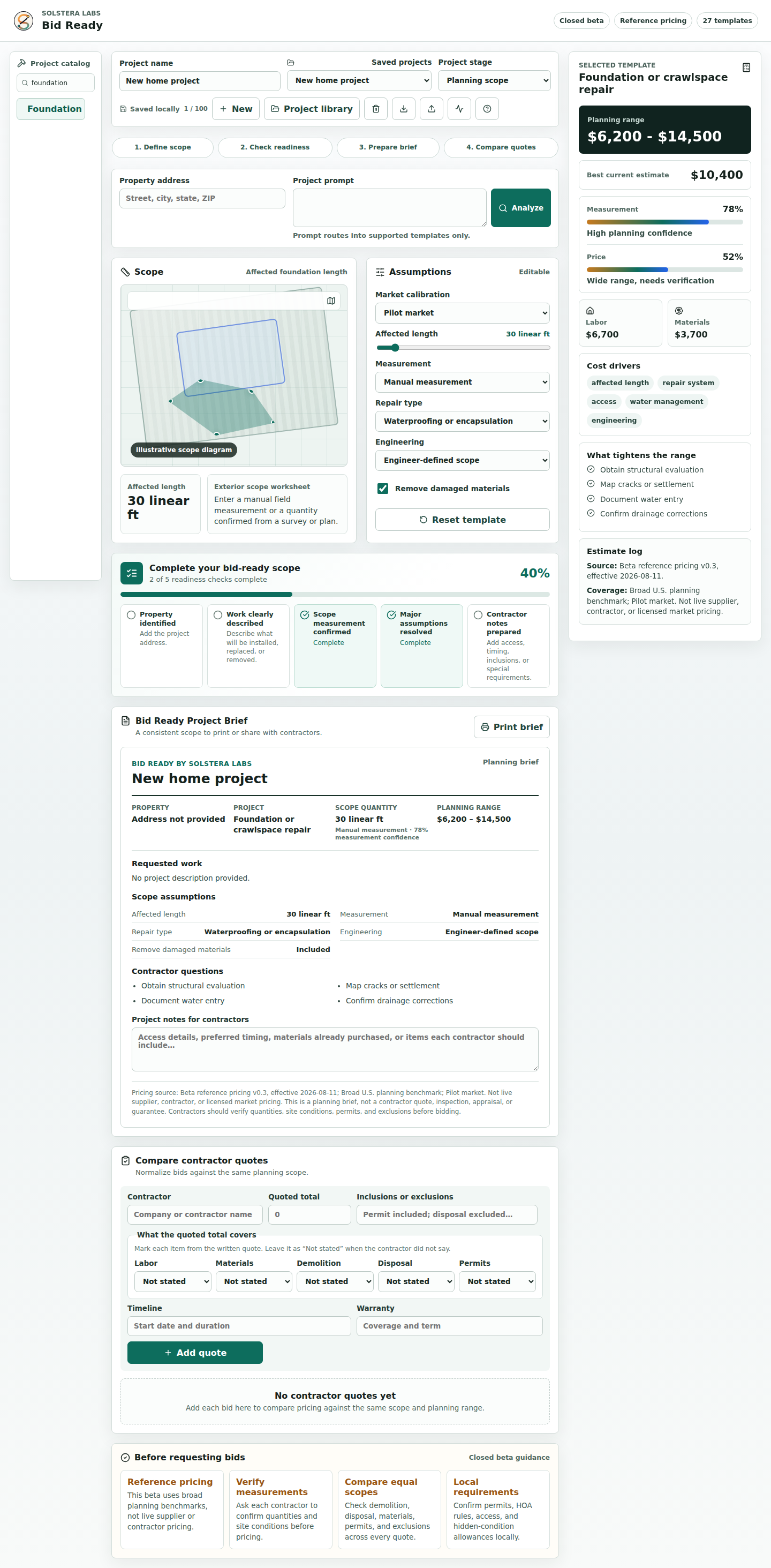 Current Bid Ready planning workspace with 27 templates and deterministic reference range