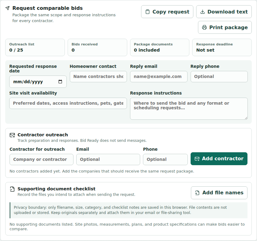 Current Bid Ready request-comparable-bids workspace with copy, download, print, outreach tracking, and document checklist controls