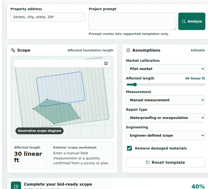 Current Bid Ready manual scope diagram and editable assumptions for a synthetic foundation project