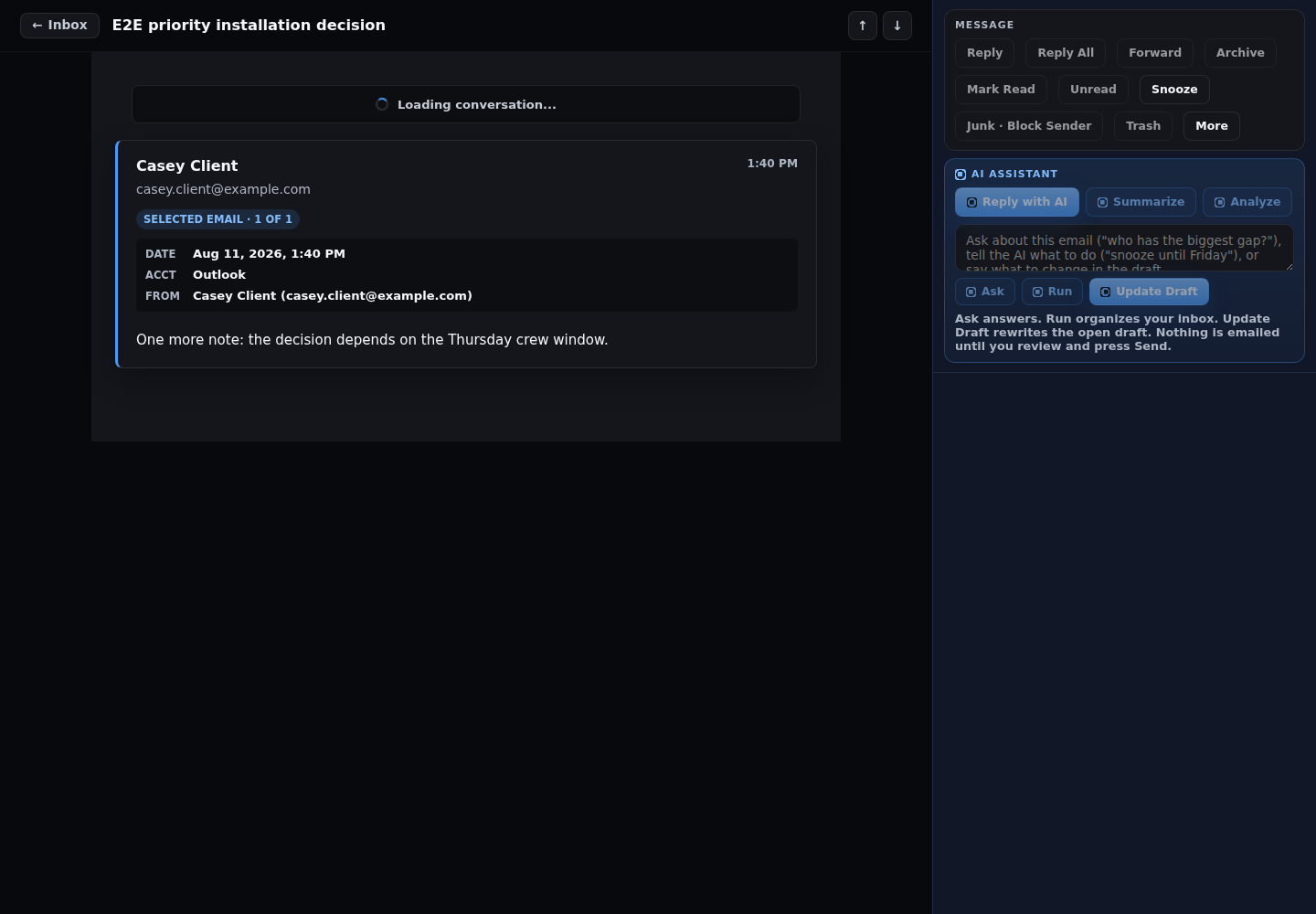Inbox One thread reader with AI-assisted reply controls