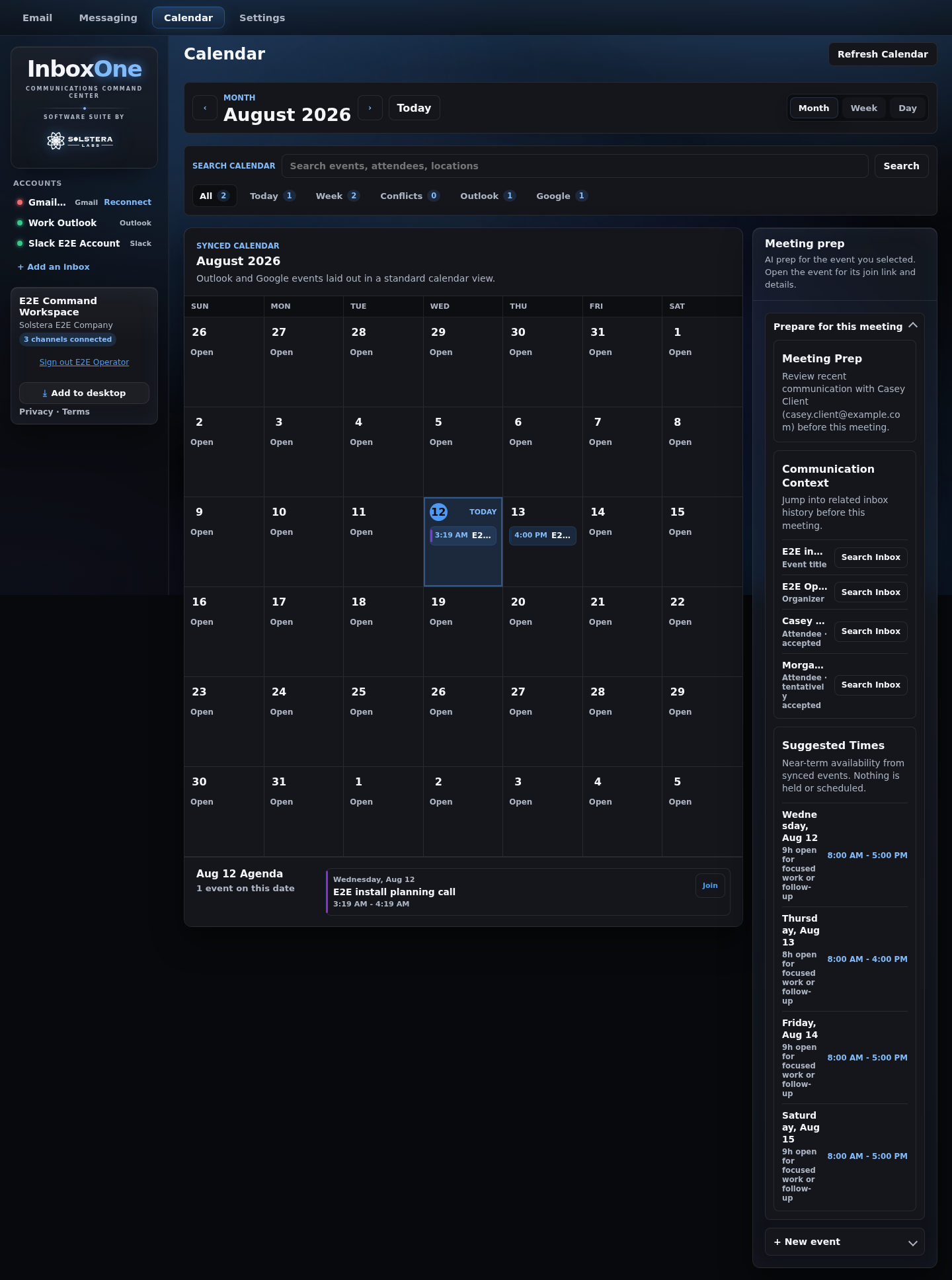 Inbox One calendar workspace with meeting context