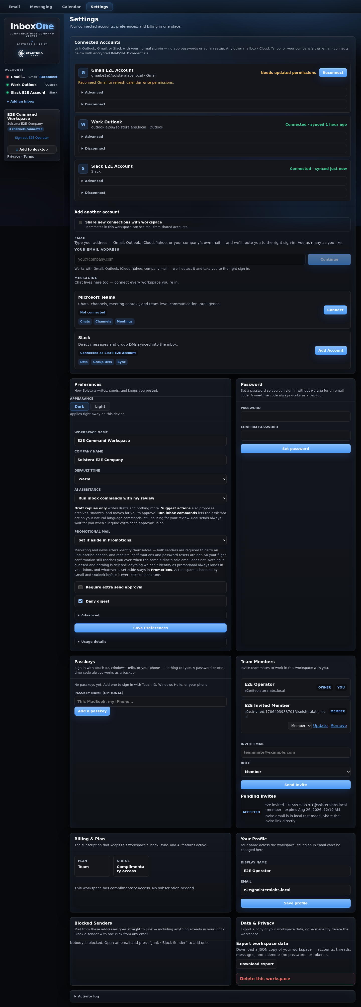 Inbox One Settings showing connected account health and controls