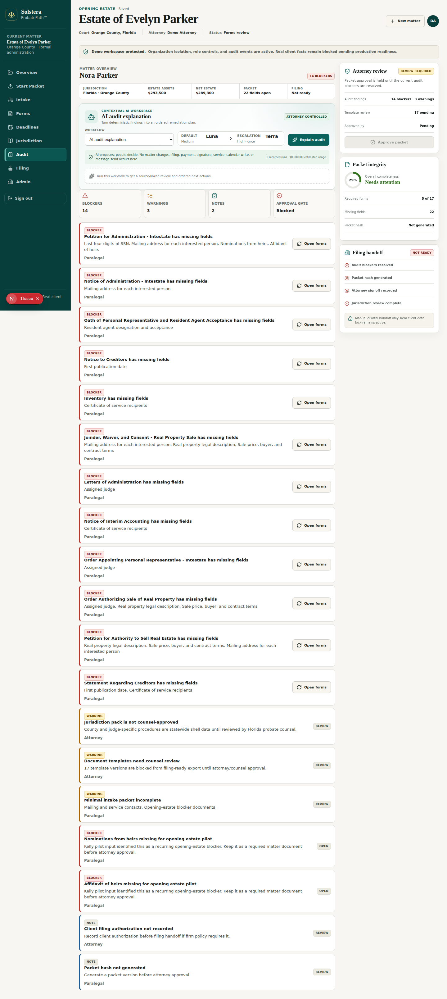 ProbatePath deterministic audit and remediation queue