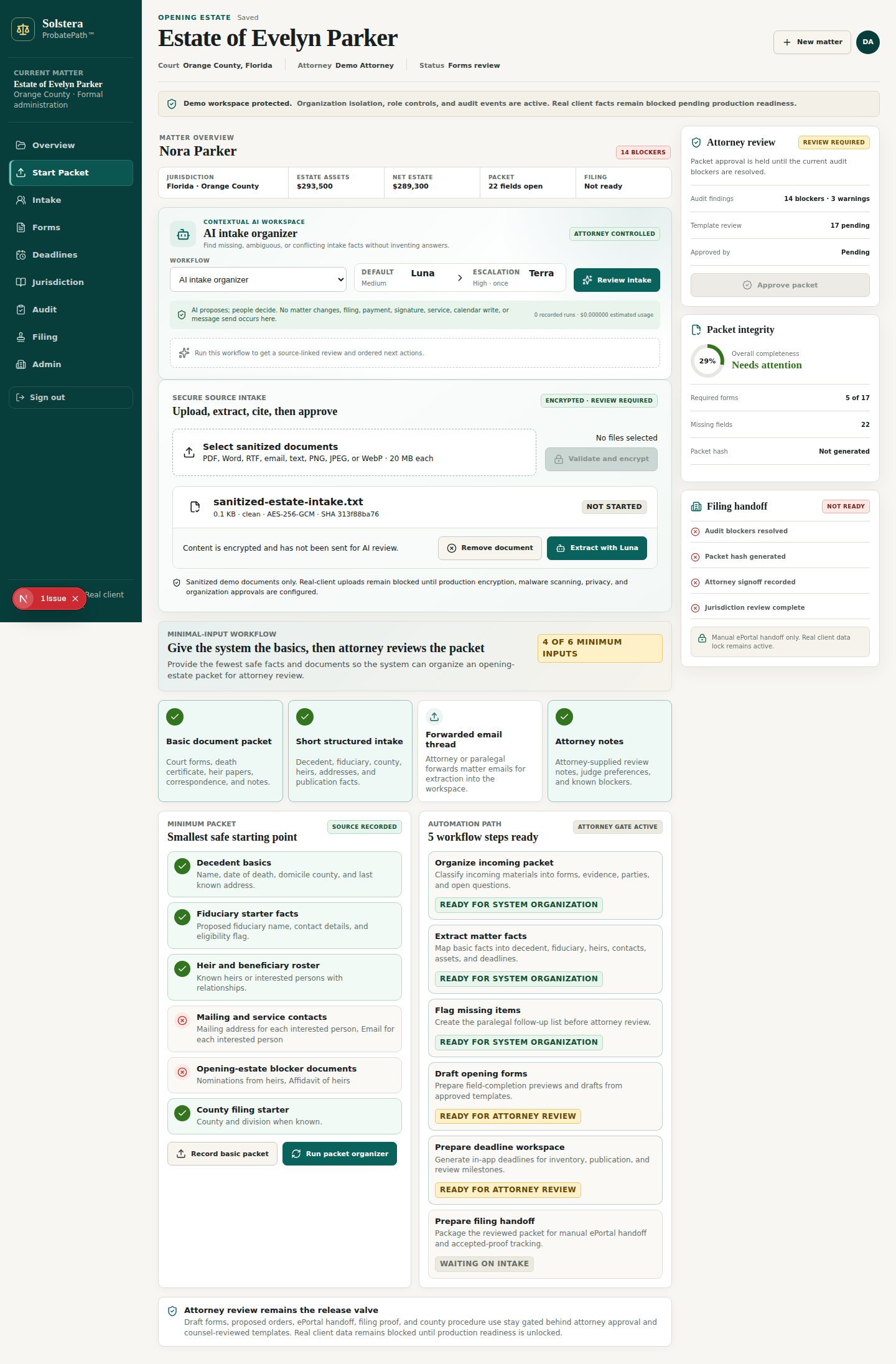 ProbatePath sanitized document intake and cited-review workflow