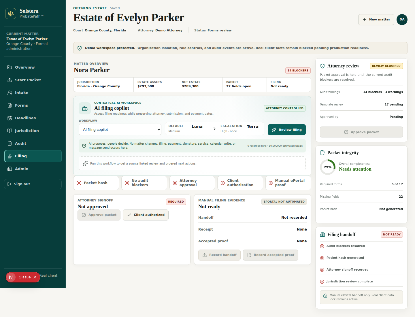 ProbatePath filing gate and manual ePortal handoff boundary