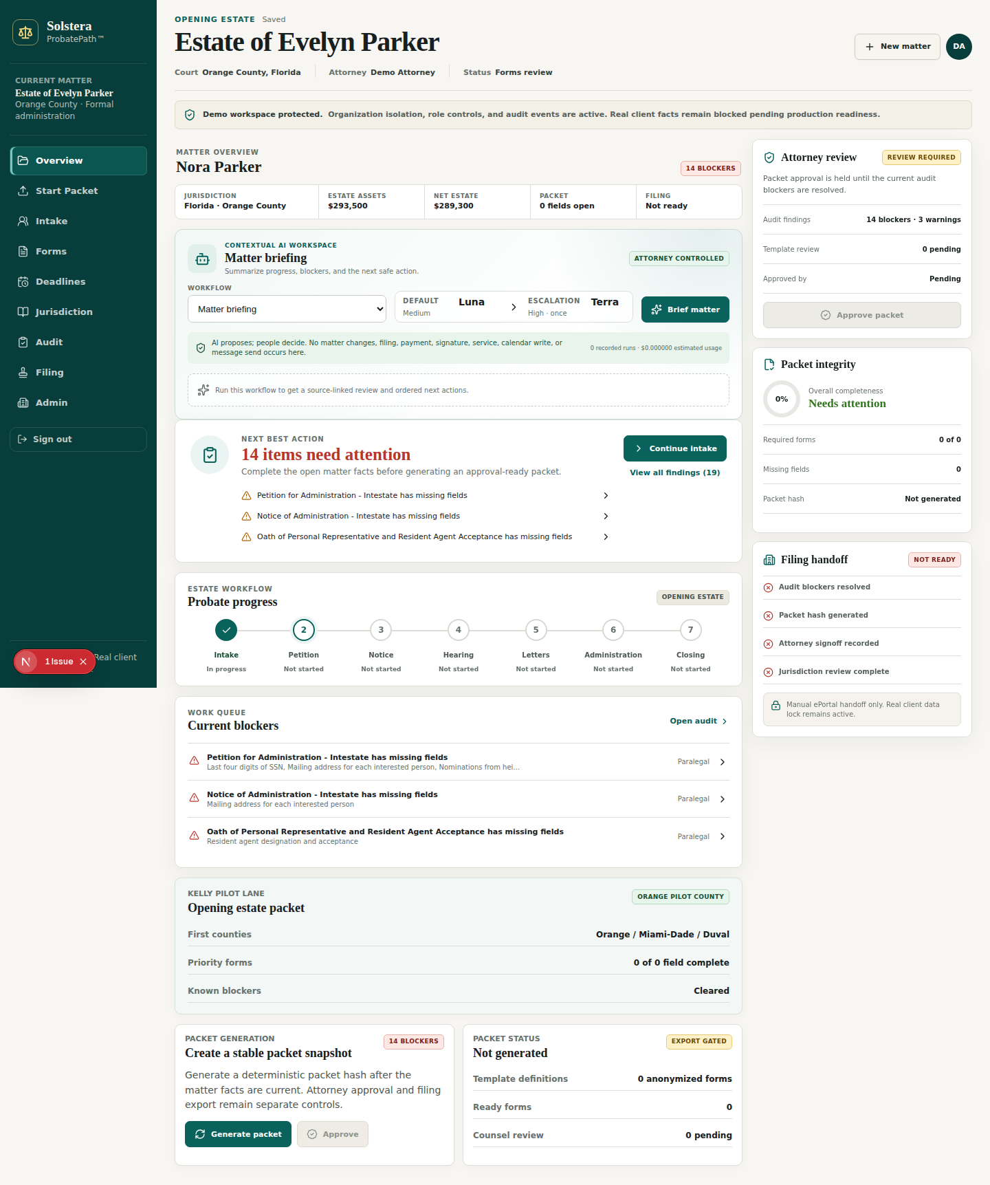 Sanitized ProbatePath matter command center with blockers and attorney review gate
