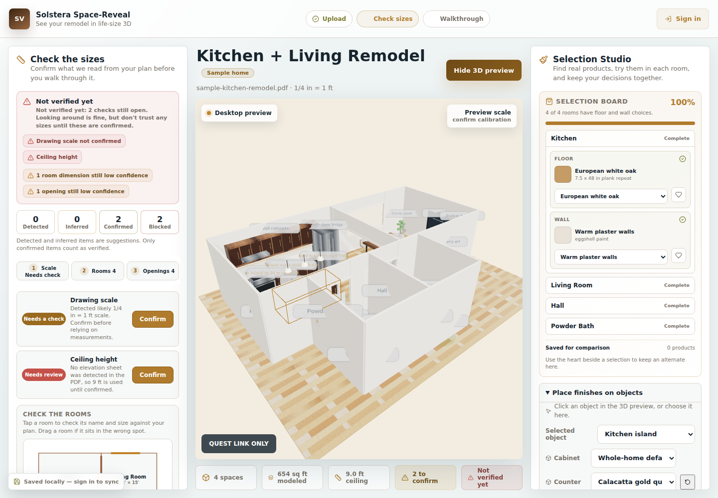 Space-Reveal 3D preview with room selection board and object finish controls