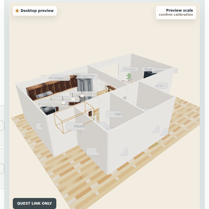 Synthetic Space-Reveal sample home in the active browser-based 3D review workspace