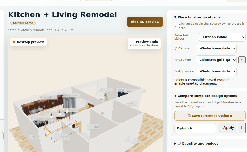 Space-Reveal synthetic sample with object finishes and saved design option controls