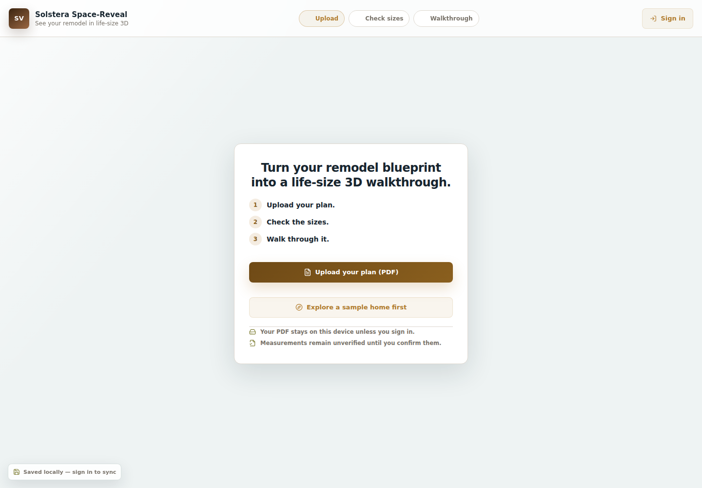 Space-Reveal PDF upload and synthetic sample entry screen