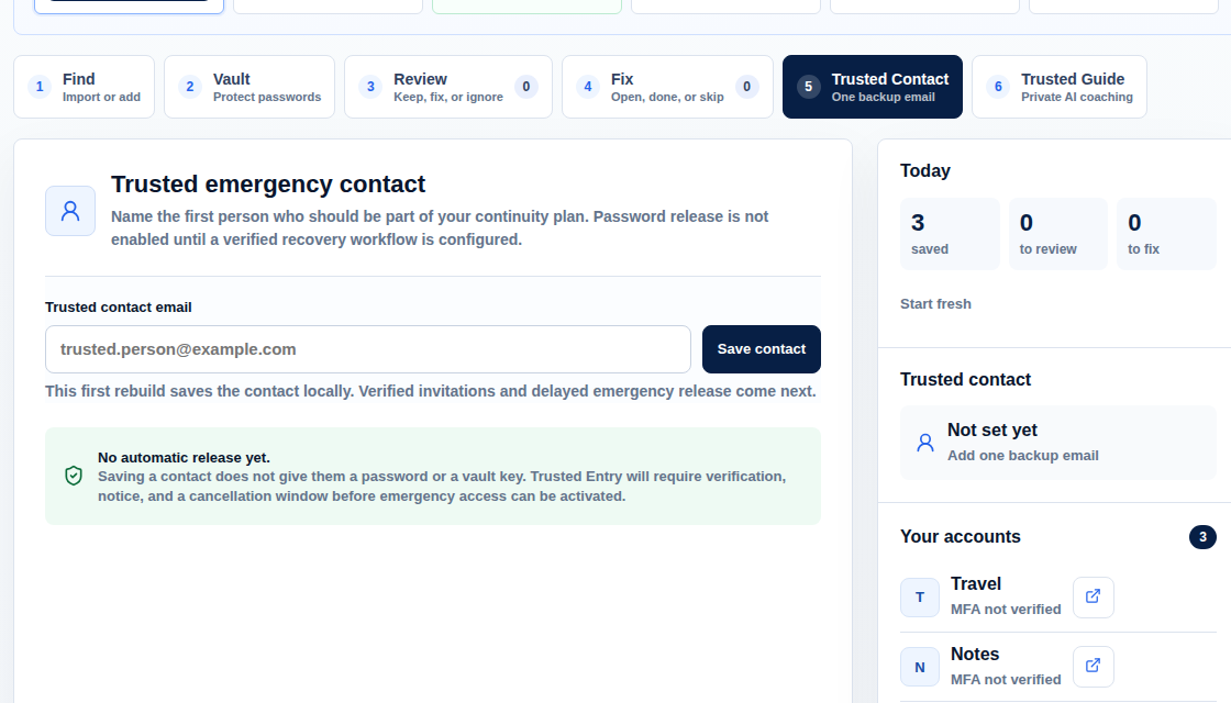 Trusted Entry continuity safeguards and trusted-contact status using synthetic data