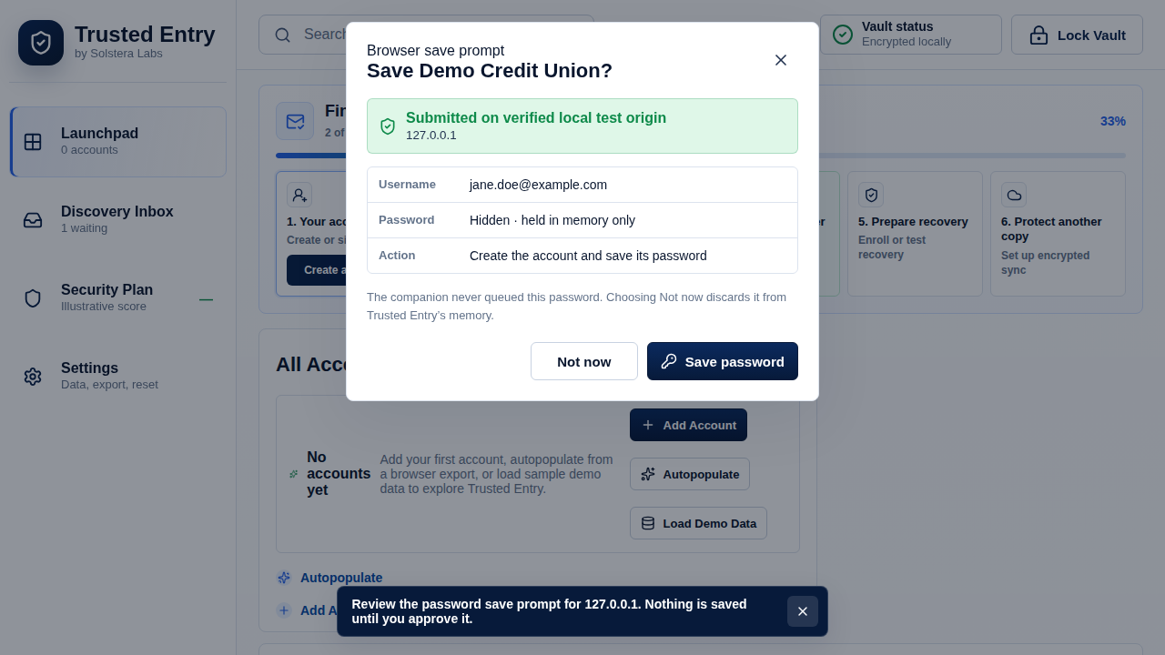 Trusted Entry click-initiated exact-origin password save approval