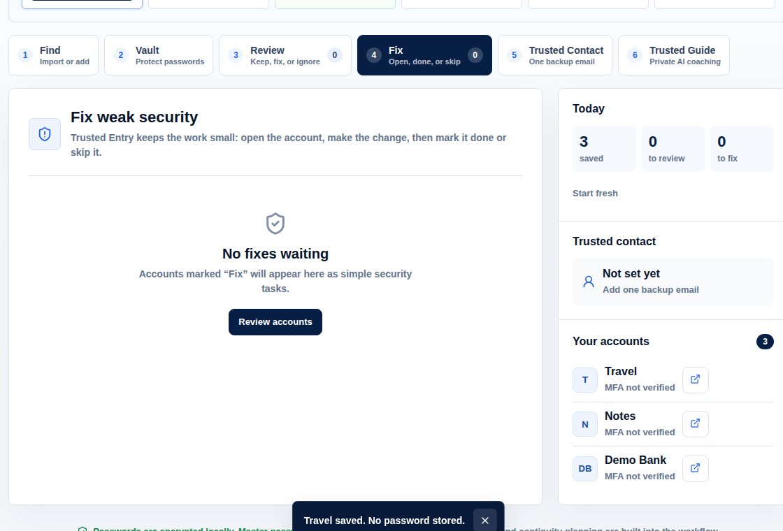 Trusted Entry current Fix workspace with synthetic accounts
