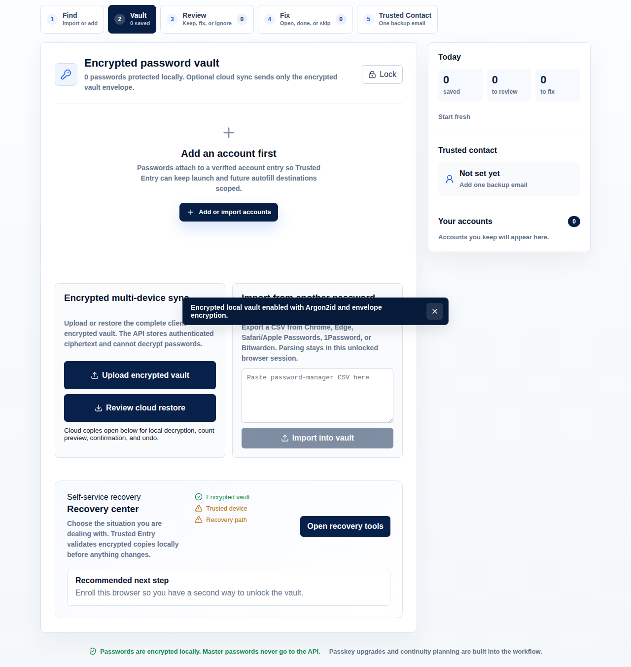 Trusted Entry encrypted password vault and local recovery controls